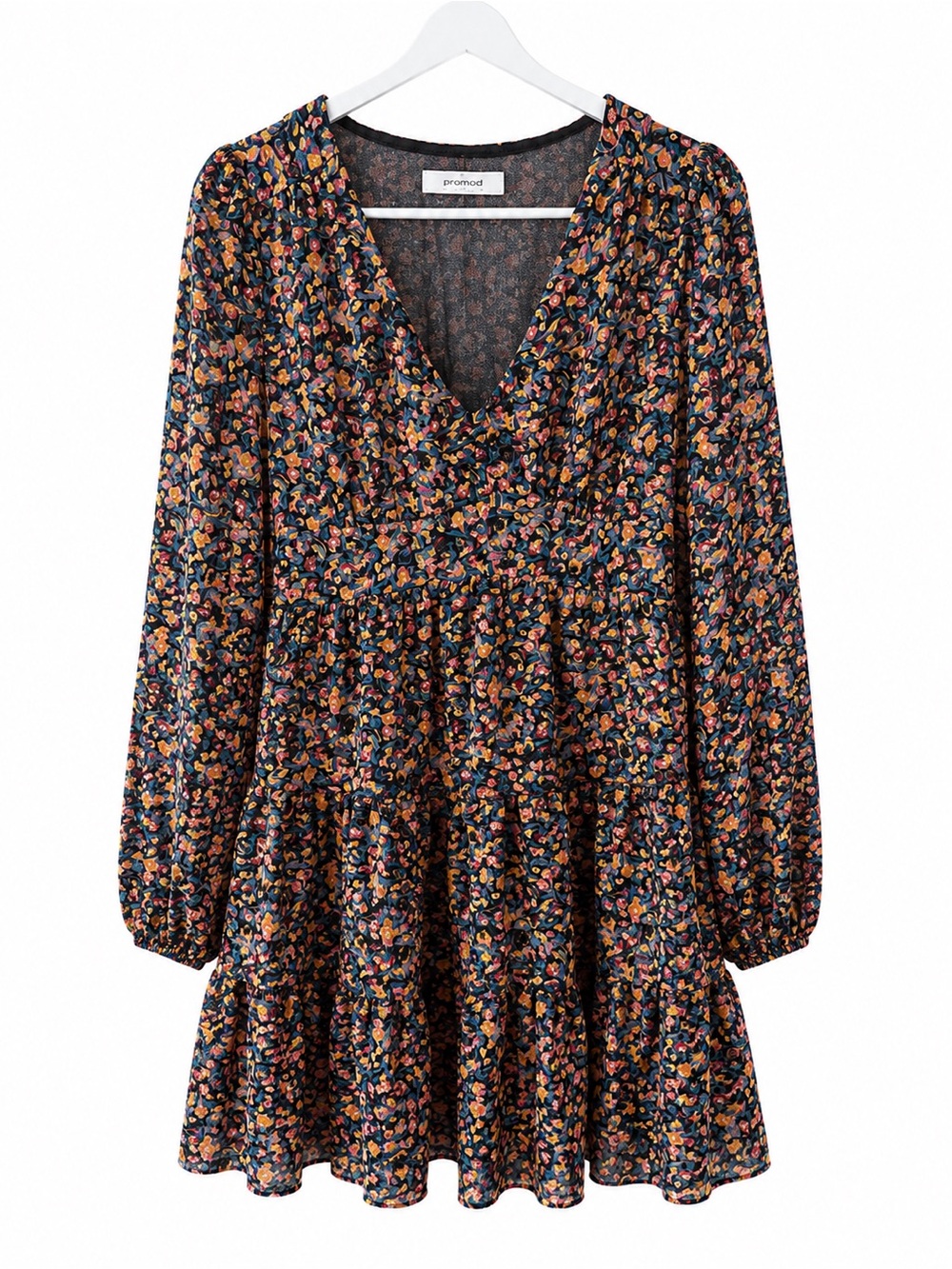 Promod Navy Floral Long-Sleeve Tiered Mini Dress